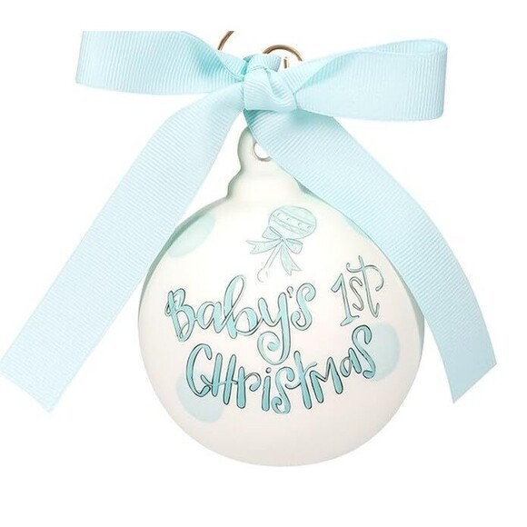 Baby Boy's 1st Christmas Ceramic Ball Ornament Blue and White Handpainted - Picture 6 of 7